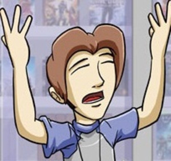 ethan from ctrl+alt+delete with his arms up in the air